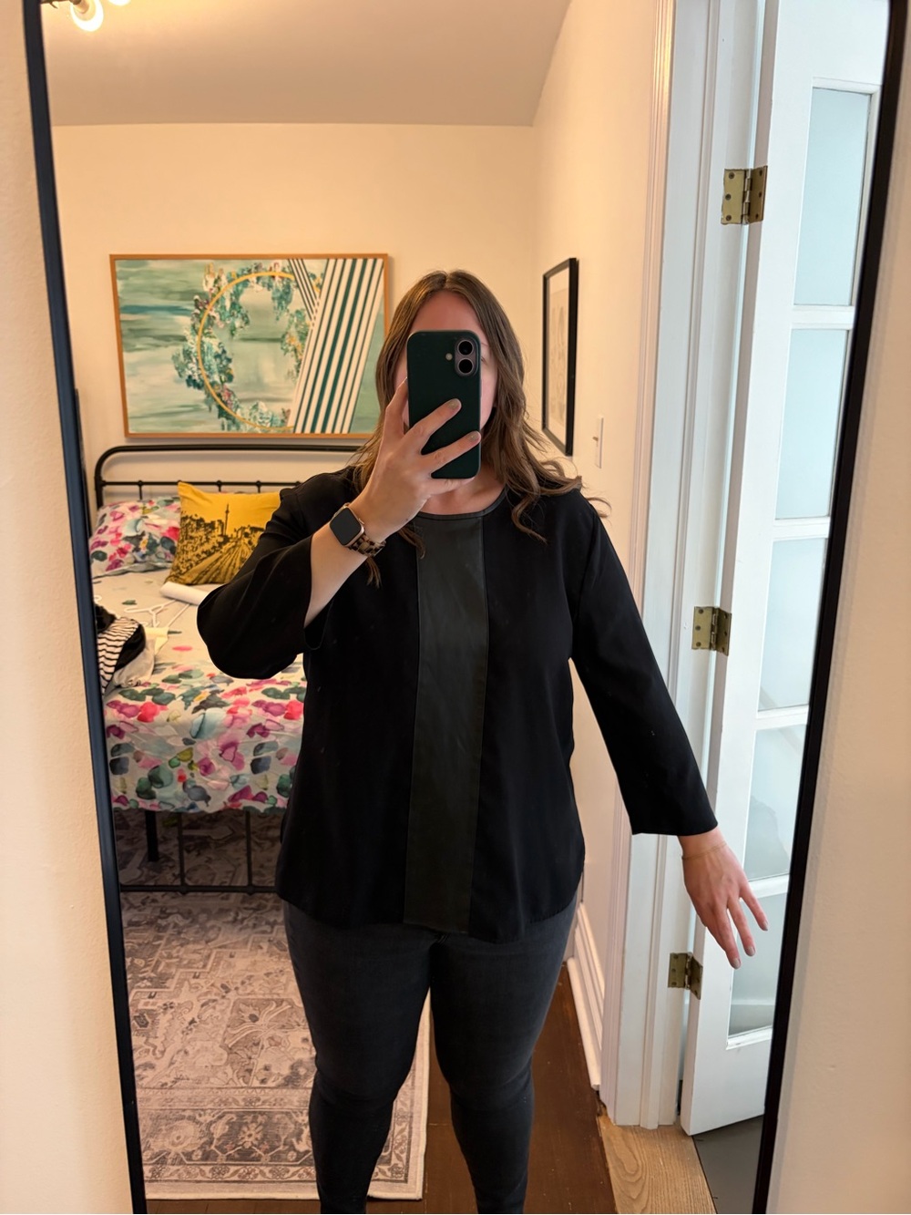 Ann Taylor Black Long-Sleeve Top with vegan Leather Center Panel